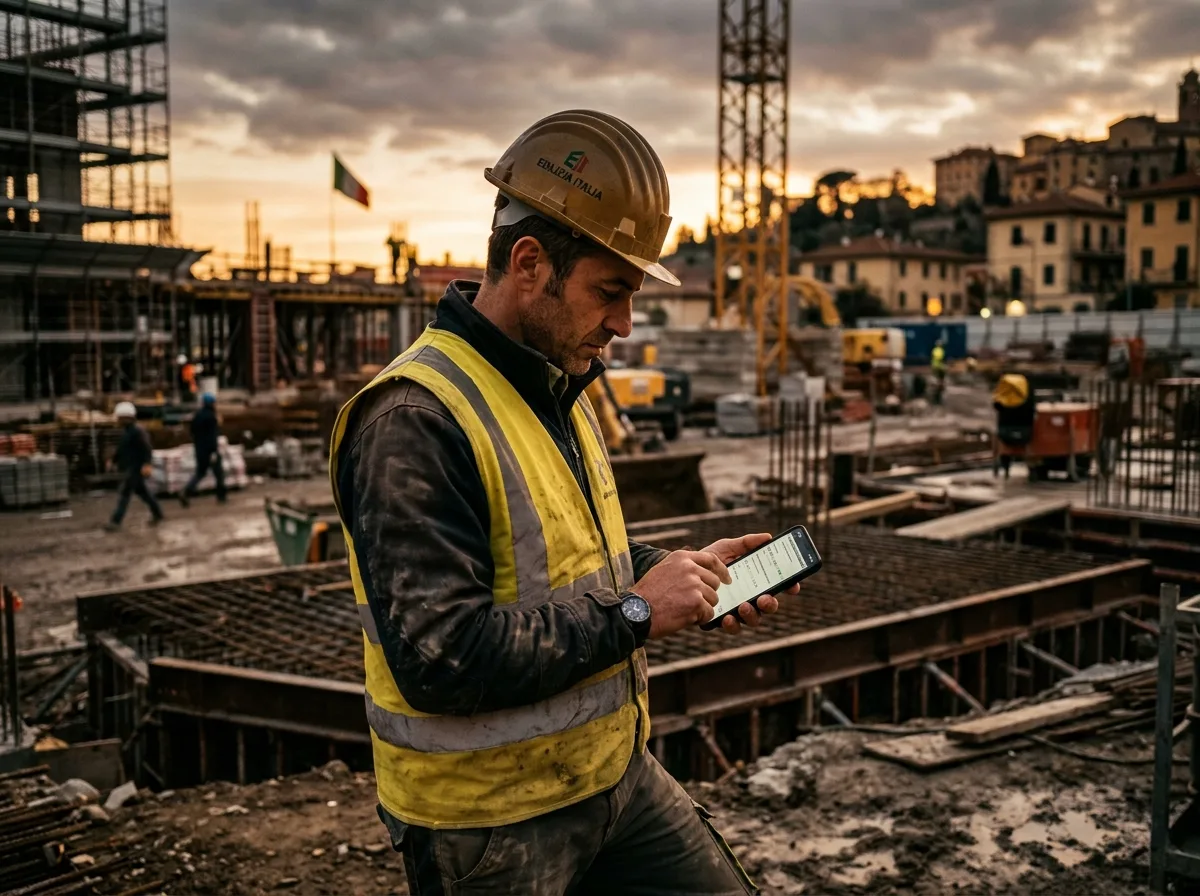 Ingegnere in cantiere compila l'ispezione dallo smartphone